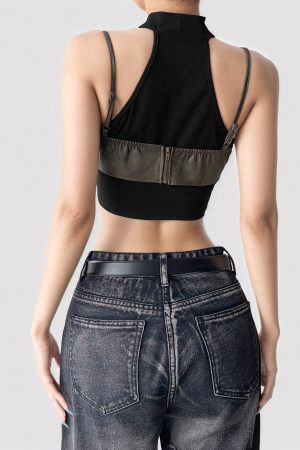 Black High Neck Fake Two-Piece Cami Vest - Summer Street Dance Slim Fit Crop Top for 2025, Urban Style, Functional Fashion