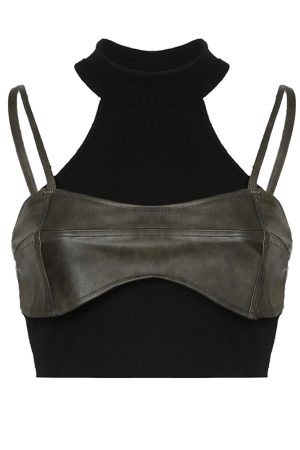 Black High Neck Fake Two-Piece Cami Vest - Summer Street Dance Slim Fit Crop Top for 2025, Urban Style, Functional Fashion