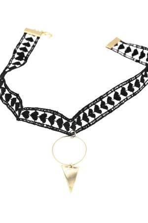 Black Hollow Heart Clavicle Chain with Metal Circles and Triangles - Trendy Casual Jewelry for Y2K and Internet Celebrity Style
