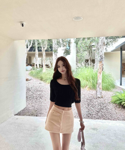 Black Hollow Knit Short-Sleeve T-Shirt - Women's Ultra-Short Sweater Top for Chic Layering - Y2K Style Fashion