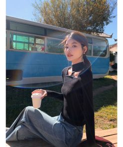 Black Hollow Knit Sweater for Women - Slim Fit Long Sleeve Top, Trendy Niche Design, Perfect for 90s and Y2K Style.