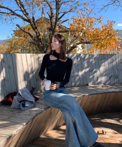 Black Hollow Knit Sweater for Women - Slim Fit Long Sleeve Top, Trendy Niche Design, Perfect for 90s and Y2K Style.