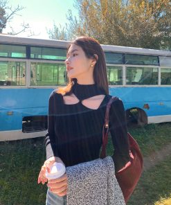 Black Hollow Knit Sweater for Women - Slim Fit Long Sleeve Top, Trendy Niche Design, Perfect for 90s and Y2K Style.