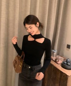 Black Hollow Knit Sweater for Women - Slim Fit Long Sleeve Top, Trendy Niche Design, Perfect for 90s and Y2K Style.