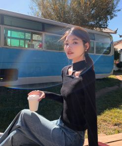 Black Hollow Knit Sweater for Women - Slim Fit Long Sleeve Top, Trendy Niche Design, Perfect for 90s and Y2K Style.