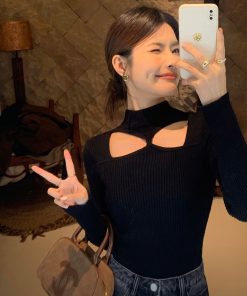 Black Hollow Knit Sweater for Women - Slim Fit Long Sleeve Top, Trendy Niche Design, Perfect for 90s and Y2K Style.