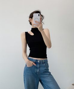 Black Hollow Out Sleeveless Tank Top for Women, Summer Sexy Half High Neck Style, Trendy Y2K Fashion