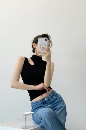 Black Hollow Out Sleeveless Tank Top for Women, Summer Sexy Half High Neck Style, Trendy Y2K Fashion