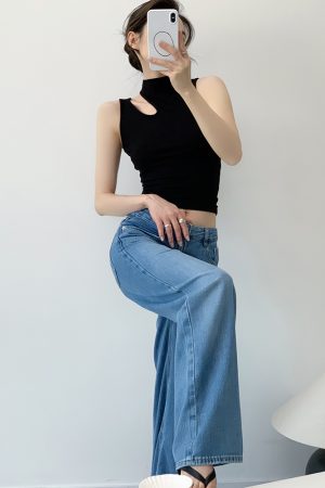 Black Hollow Out Sleeveless Tank Top for Women, Summer Sexy Half High Neck Style, Trendy Y2K Fashion
