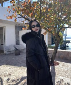 Black Hooded Long Down Jacket with Fox Fur Collar for Women - Warm Winter Coat in Elegant Style