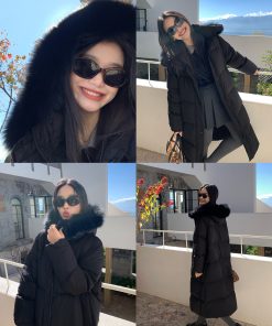 Black Hooded Long Down Jacket with Fox Fur Collar for Women - Warm Winter Coat in Elegant Style