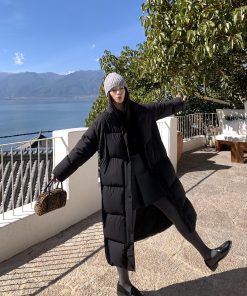 Black Hooded Long Down Jacket with Fox Fur Collar for Women - Warm Winter Coat in Elegant Style