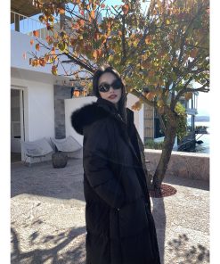 Black Hooded Long Down Jacket with Fox Fur Collar for Women - Warm Winter Coat in Elegant Style