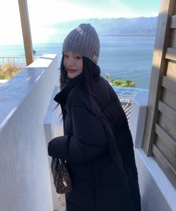 Black Hooded Long Down Jacket with Fox Fur Collar for Women - Warm Winter Coat in Elegant Style