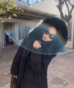 Black Hooded Long Down Jacket with Fox Fur Collar for Women - Warm Winter Coat in Elegant Style