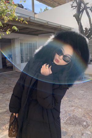 Black Hooded Long Down Jacket with Fox Fur Collar for Women - Warm Winter Coat in Elegant Style