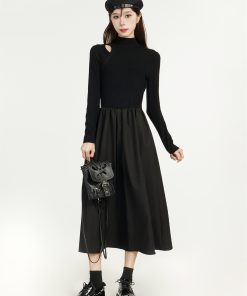 Black Knitted Hepburn Style Dress for Women - Spring Long Dress for Petite Figures with Inner Layer - Elegant Fashion
