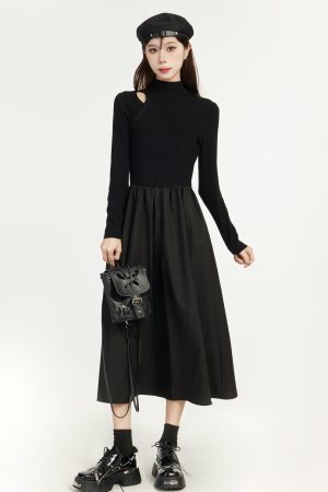 Black Knitted Hepburn Style Dress for Women - Spring Long Dress for Petite Figures with Inner Layer - Elegant Fashion