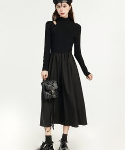 Black Knitted Hepburn Style Dress for Women - Spring Long Dress for Petite Figures with Inner Layer - Elegant Fashion