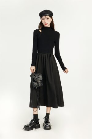 Black Knitted Hepburn Style Dress for Women - Spring Long Dress for Petite Figures with Inner Layer - Elegant Fashion