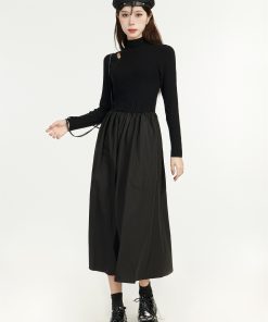 Black Knitted Hepburn Style Dress for Women - Spring Long Dress for Petite Figures with Inner Layer - Elegant Fashion