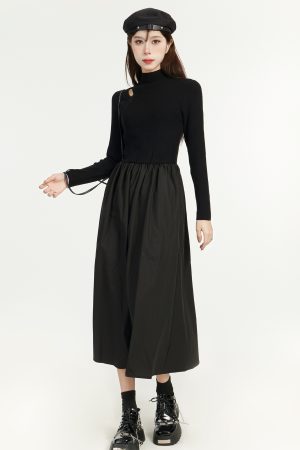 Black Knitted Hepburn Style Dress for Women - Spring Long Dress for Petite Figures with Inner Layer - Elegant Fashion