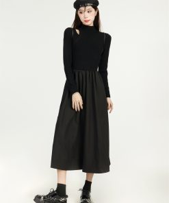 Black Knitted Hepburn Style Dress for Women - Spring Long Dress for Petite Figures with Inner Layer - Elegant Fashion