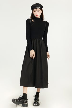 Black Knitted Hepburn Style Dress for Women - Spring Long Dress for Petite Figures with Inner Layer - Elegant Fashion