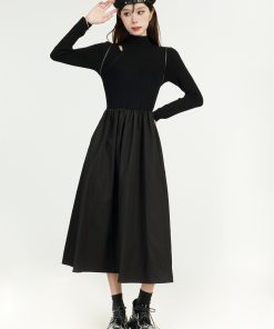 Black Knitted Hepburn Style Dress for Women - Spring Long Dress for Petite Figures with Inner Layer - Elegant Fashion