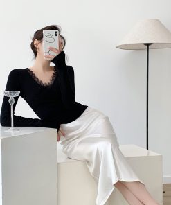 Black Knitted Long Sleeve Sweater for Women - Slim Fit Lace Design Top for Winter - Trendy Hot Girl Style