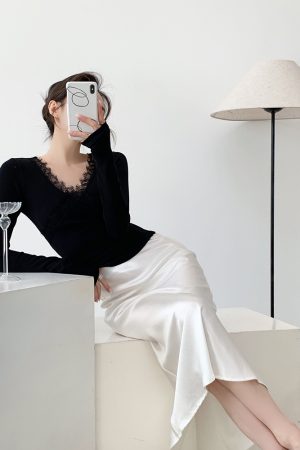 Black Knitted Long Sleeve Sweater for Women - Slim Fit Lace Design Top for Winter - Trendy Hot Girl Style