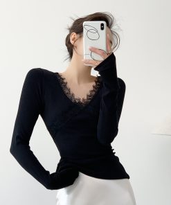Black Knitted Long Sleeve Sweater for Women - Slim Fit Lace Design Top for Winter - Trendy Hot Girl Style