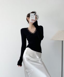 Black Knitted Long Sleeve Sweater for Women - Slim Fit Lace Design Top for Winter - Trendy Hot Girl Style