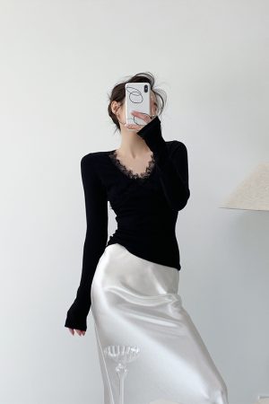 Black Knitted Long Sleeve Sweater for Women - Slim Fit Lace Design Top for Winter - Trendy Hot Girl Style