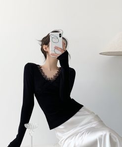 Black Knitted Long Sleeve Sweater for Women - Slim Fit Lace Design Top for Winter - Trendy Hot Girl Style