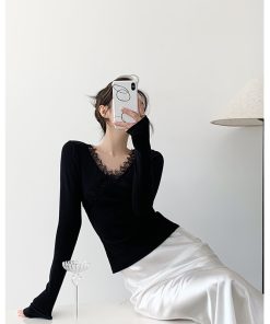 Black Knitted Long Sleeve Sweater for Women - Slim Fit Lace Design Top for Winter - Trendy Hot Girl Style