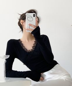 Black Knitted Long Sleeve Sweater for Women - Slim Fit Lace Design Top for Winter - Trendy Hot Girl Style