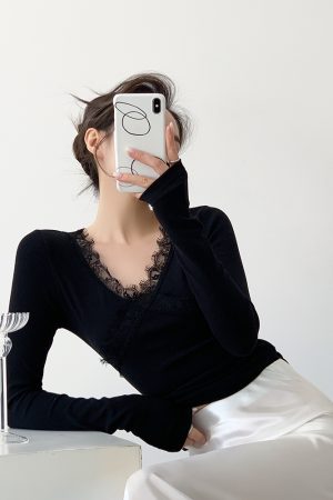 Black Knitted Long Sleeve Sweater for Women - Slim Fit Lace Design Top for Winter - Trendy Hot Girl Style