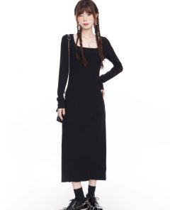 Black Knitted Square Neck Dress for Women - 2025 Spring French Style Long Sleeve Dress, Perfect for Layering with Coats