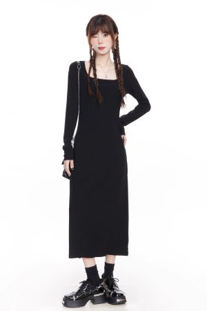 Black Knitted Square Neck Dress for Women - 2025 Spring French Style Long Sleeve Dress, Perfect for Layering with Coats