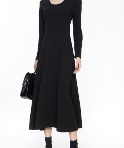 Black Knitted Square Neck Dress for Women - 2025 Spring French Style Long Sleeve Dress, Perfect for Layering with Coats