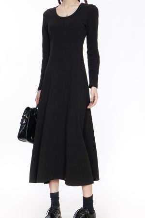 Black Knitted Square Neck Dress for Women - 2025 Spring French Style Long Sleeve Dress, Perfect for Layering with Coats