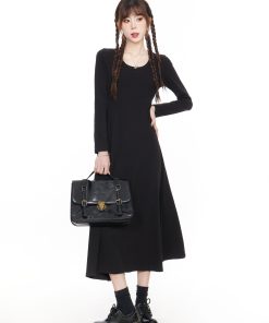 Black Knitted Square Neck Dress for Women - 2025 Spring French Style Long Sleeve Dress, Perfect for Layering with Coats