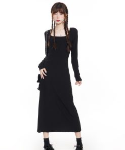 Black Knitted Square Neck Dress for Women - 2025 Spring French Style Long Sleeve Dress, Perfect for Layering with Coats