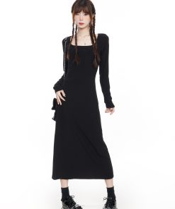 Black Knitted Square Neck Dress for Women - 2025 Spring French Style Long Sleeve Dress, Perfect for Layering with Coats