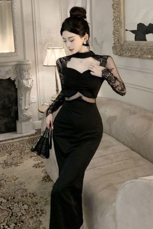 Black Lace Spliced Halter Cheongsam Evening Dress for Women - Elegant Chinese Style Sexy Design