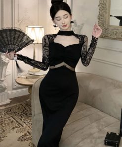 Black Lace Spliced Halter Cheongsam Evening Dress for Women - Elegant Chinese Style Sexy Design