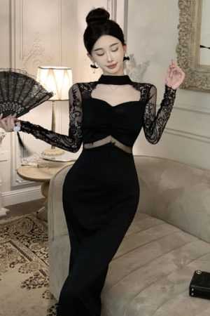 Black Lace Spliced Halter Cheongsam Evening Dress for Women - Elegant Chinese Style Sexy Design