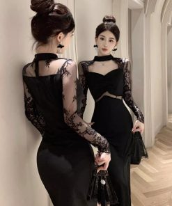 Black Lace Spliced Halter Cheongsam Evening Dress for Women - Elegant Chinese Style Sexy Design