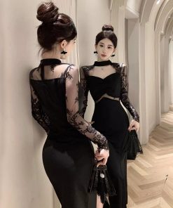 Black Lace Spliced Halter Cheongsam Evening Dress for Women - Elegant Chinese Style Sexy Design